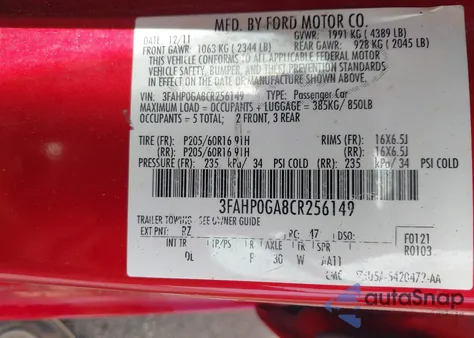 2012 Ford Fusion S from USA, damaged, VIN 3FAHP0GA8CR256149